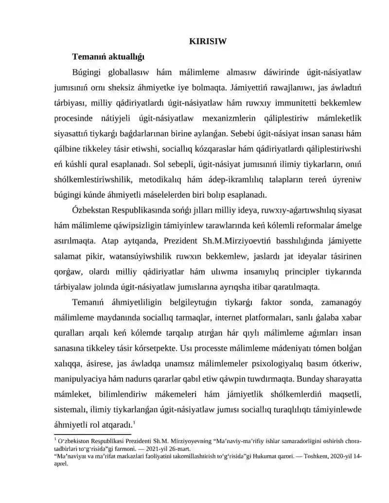 ÚGIT-NÁSIYAT JUMÍSÍNÍŃ TEORIYALÍQ TIYKARLARÍ(Kurs jumısı) 2