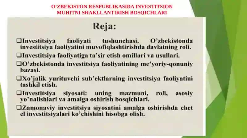 O'zbekiston Respublikasida Investitsion muhitni shakllantirish bosqichlari 2