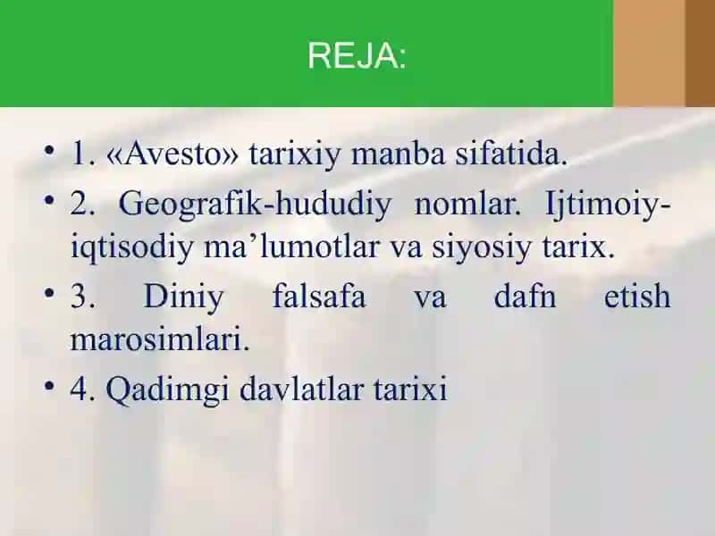 Avesto va zardushtiylik - Oʻzbekiston tarixi fanidan 61 betli taqdimot 2