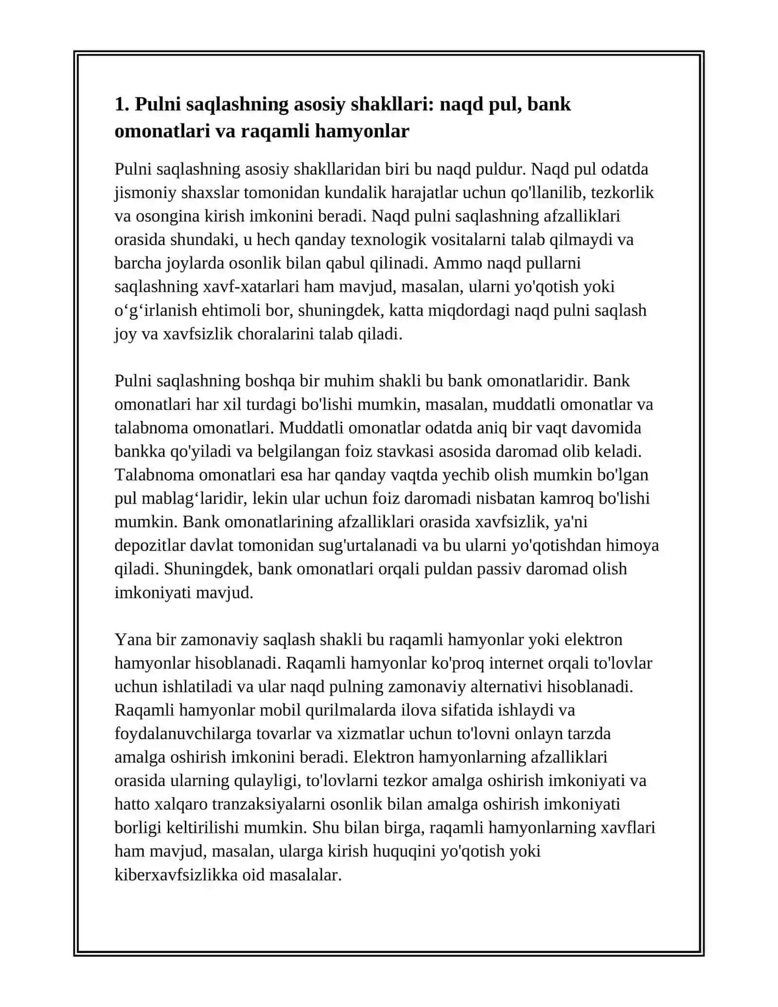 PULNI SAQLASH, ALMASHTIRISH VA OʻTKAZISH.BANK YACHEYKASINING AHAMIYATI 2