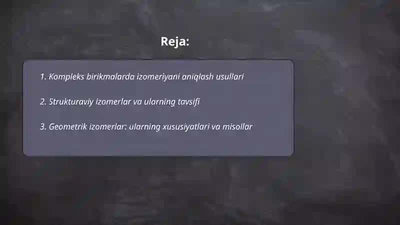 Kompleks birikmalarning izomeriyasi.Markaziy ionning ligand bilan elektrostatik ta'sirlashuvi 2