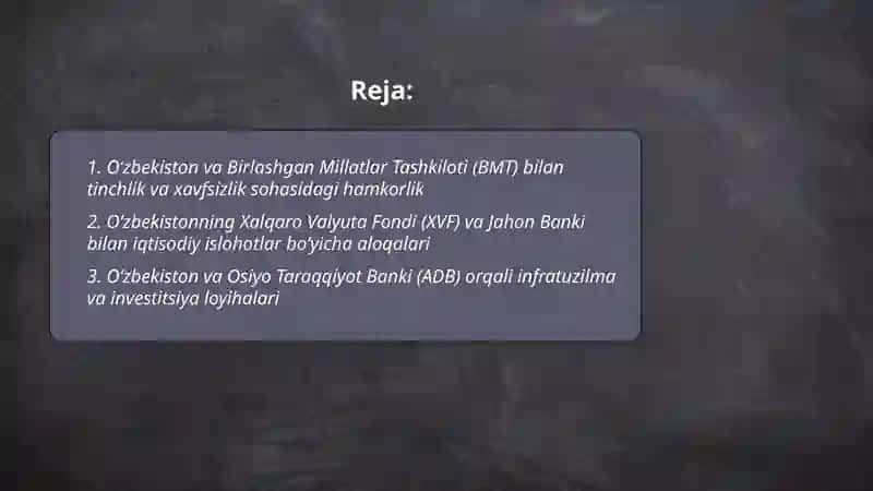 Oʻzbekistonning xalqaro tashkilotlar bilan hamkorlik aloqalari 2