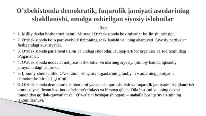 O‘ZBEKISTONDA DEMOKRATIK, FUQAROLIK JAMIYATI ASOSLARINING SHAKLLANISHI, AMALGA OSHIRILGAN SIYOSIY ISLOHOTLAR 2