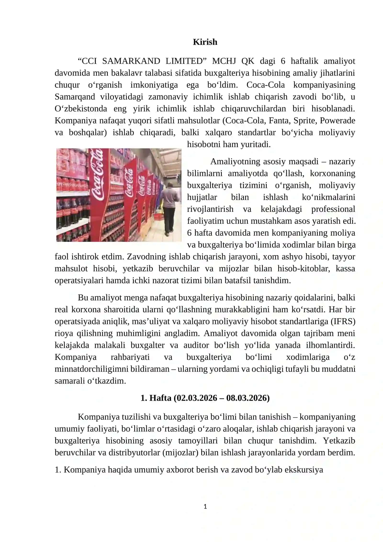 Coca cola kompaniyasi amaliyot hisoboti. CCI SAMARKAND LIMITED" MCHJ 2