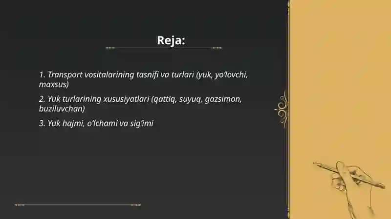 Transport vositalari va yuklar haqida umumiy tushunchalar 2