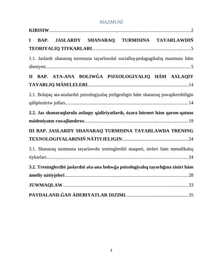 Jaslardı shańaraq turmısına hám ata-ana bolıwǵa tayarlawda treninglerdiń ornı 2