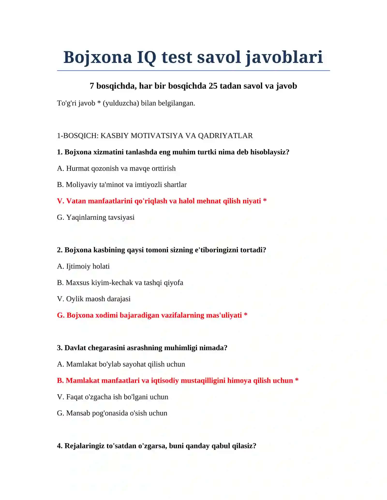 Bojxona IQ test savol javoblari 2
