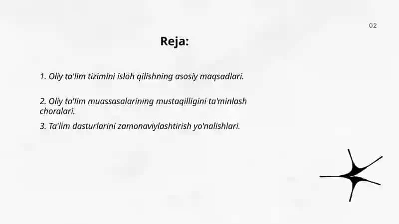 Oliy ta'lim tizimini yanada rivojlantirish chora tadbirlari to'g'risidagi 2909 qonuni tahlil qilish 2