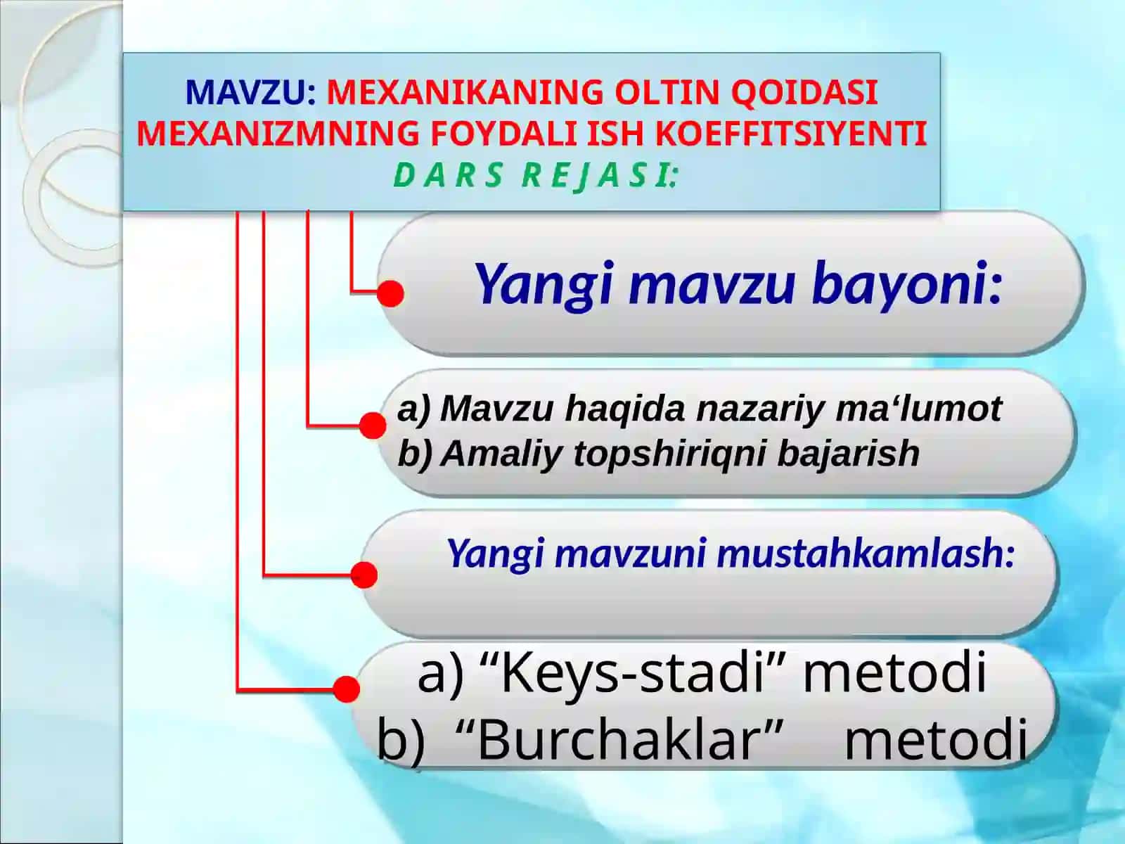 Fizika fanidan ochiq dars. Mexanikaning oltin qoidasi. Mexanizmlarning foydali ish koeffitsiyenti 2