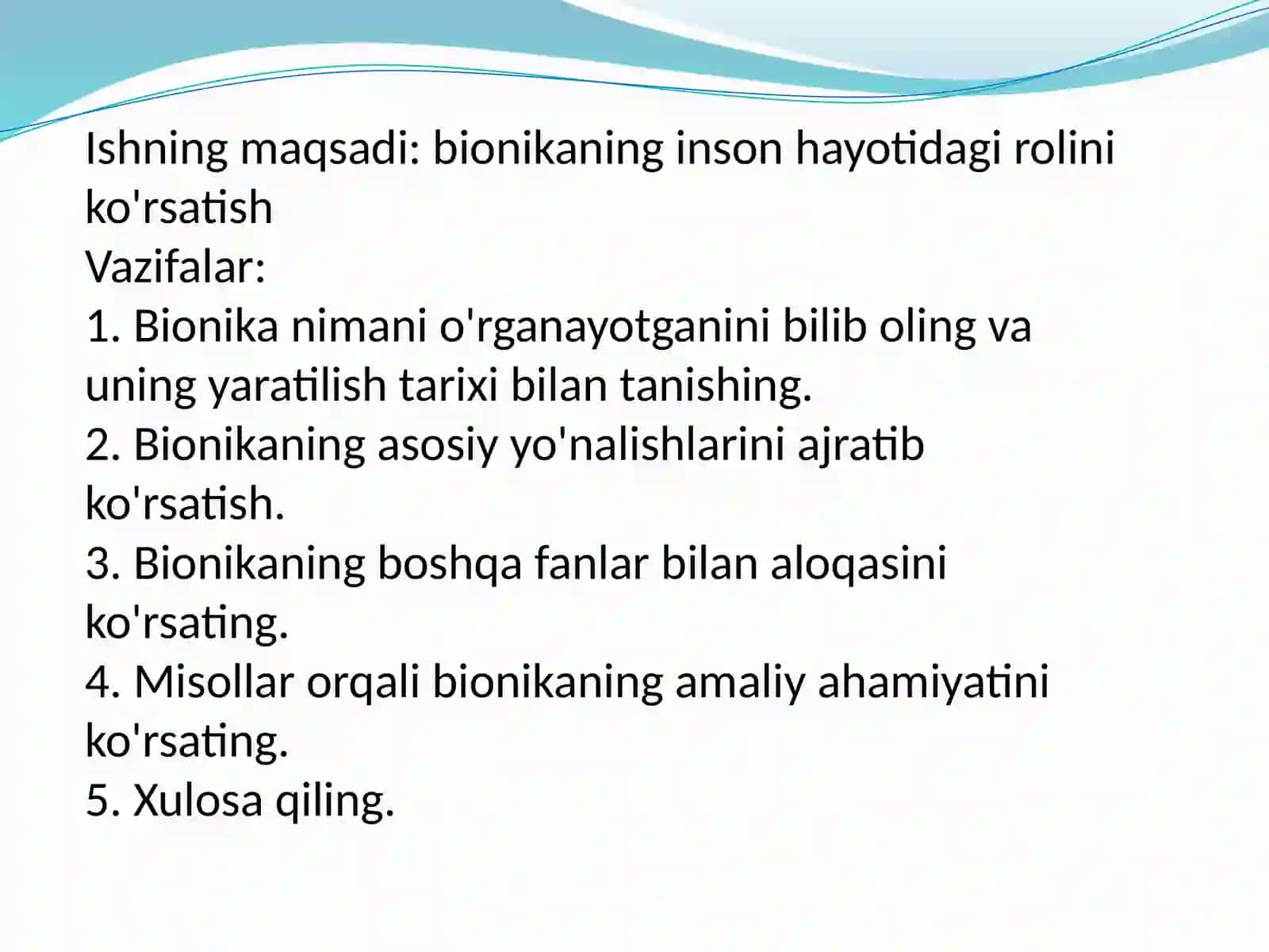 MUSTAQIL ISH Bionika asoslari va uni inson hayotidagi oʻrni 2