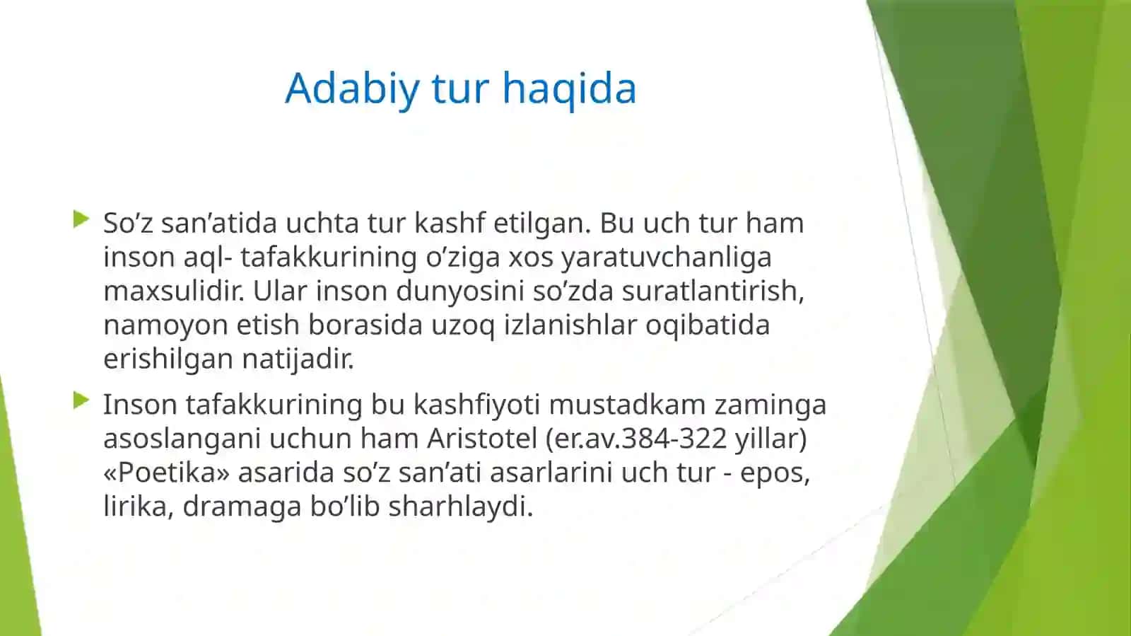Adabiy turlar va janrlar. Epik tur, lirik tur, dramatik tur 2