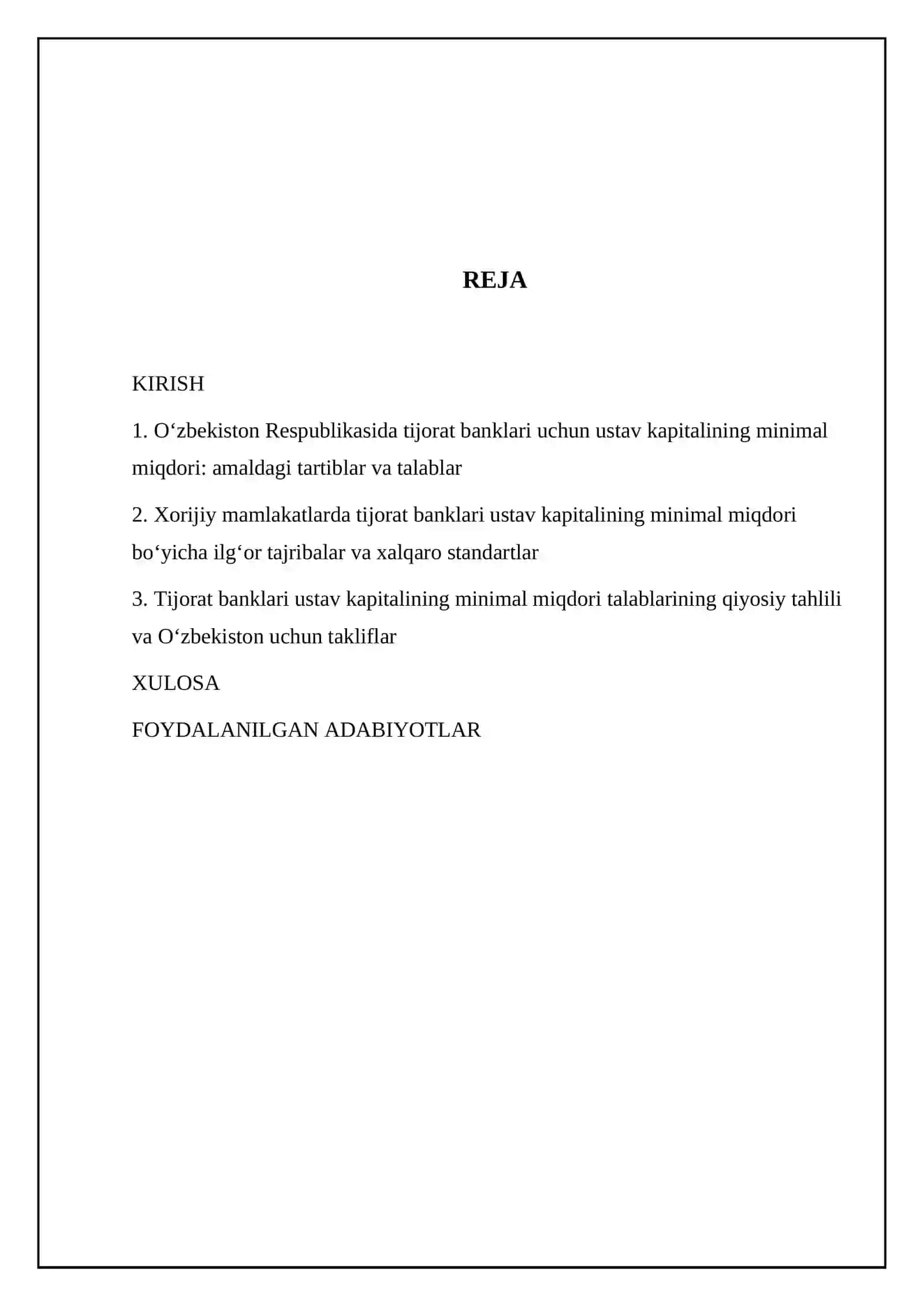 Tijorat banklarini ochish uchun ustav kapitalining minimal miqdori talablar boʻyicha mahalliy horijiy amaliyot, qiyosiy tahlili 2