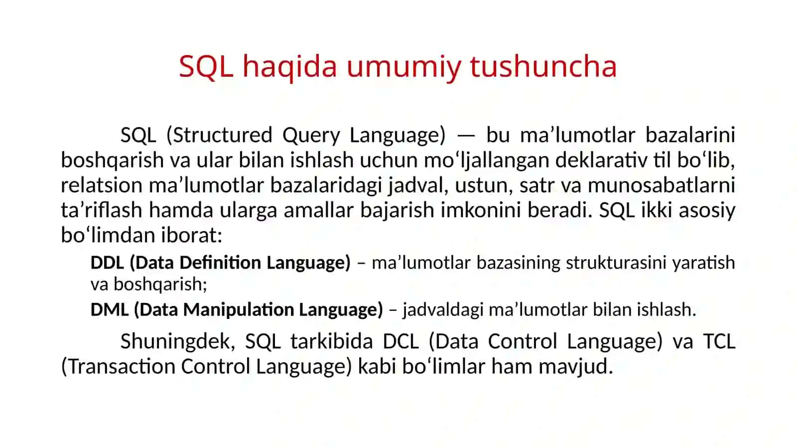 Amaliy mashg’ulot – 2SQL va DDL buyruqlari bilan ishlash 2