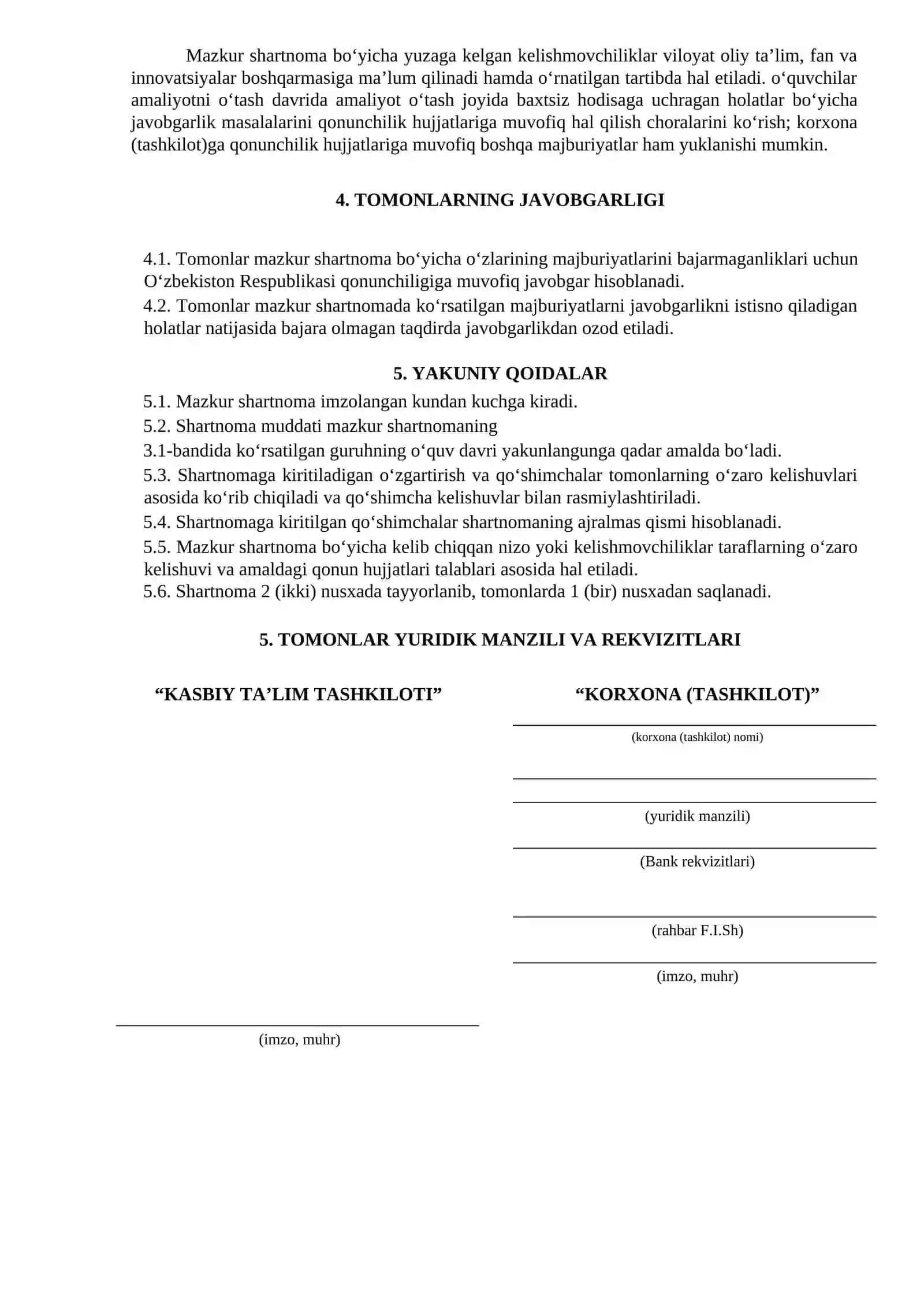 Texnikumi  o‘quvchilarining Dual ta’limni tashkil etish to‘g‘risida  SHARTNOMA 2