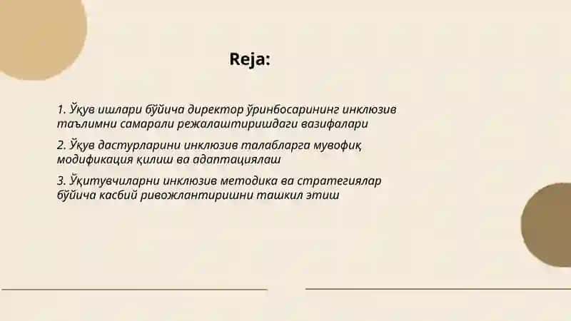 Инклюзив таълимни ташкил этишда укув ишлари бўйича директор уринбосарини рули Ergashev O'rinboy 2