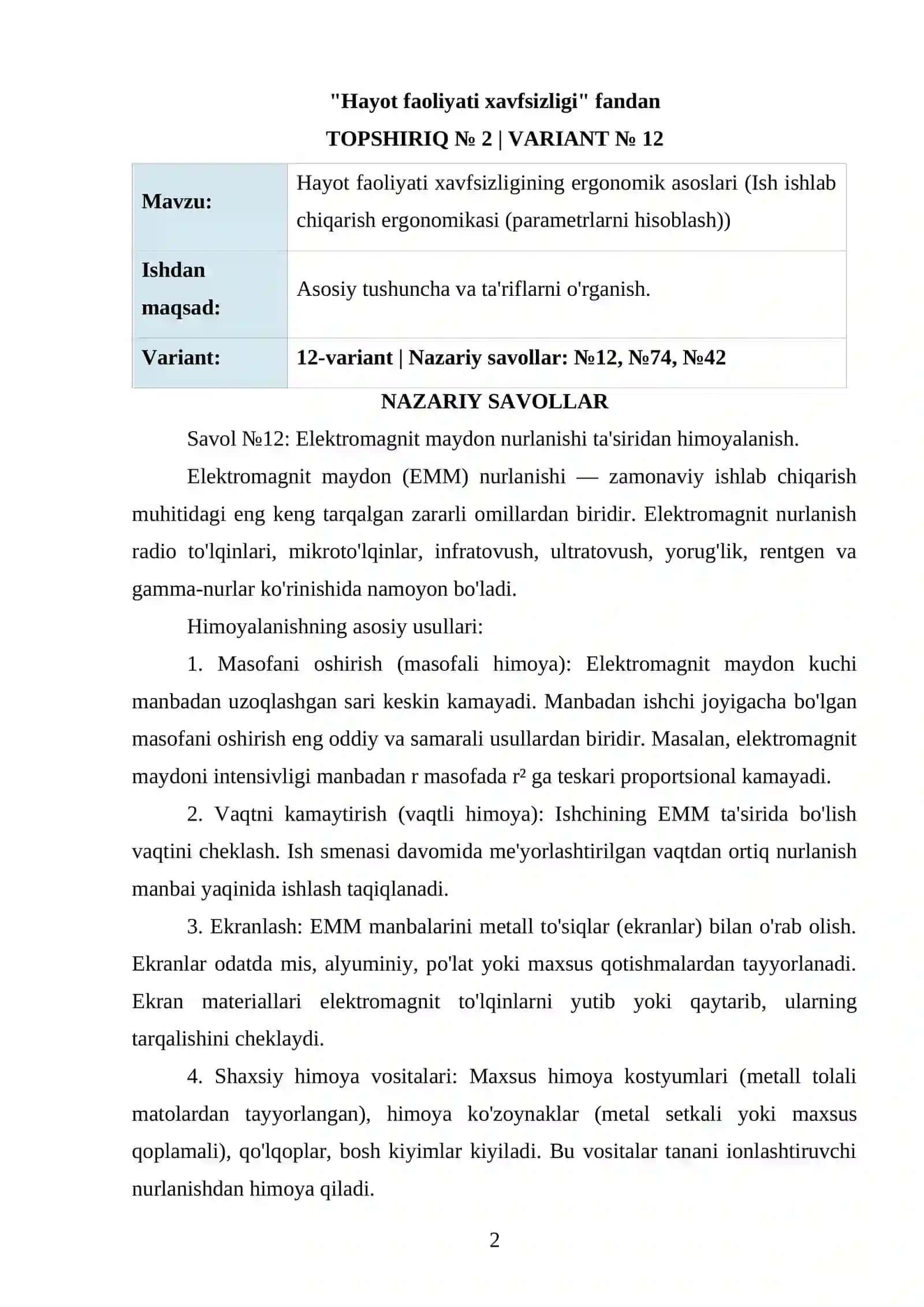 Hayot faoliyati xavfsizligining ergonomik asoslari (Ish ishlab chiqarish ergonomikasi (parametrlarni hisoblash)) 2