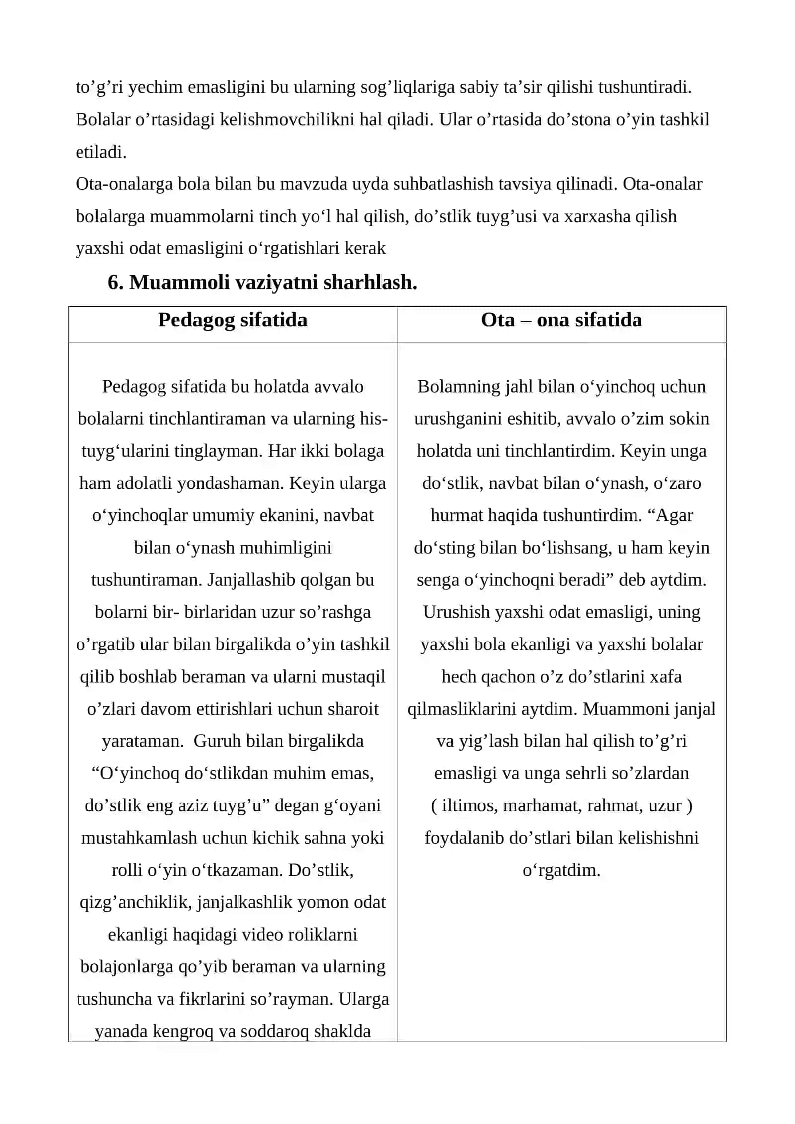 Muammoli vaziyat va javoblar blankasi. 2