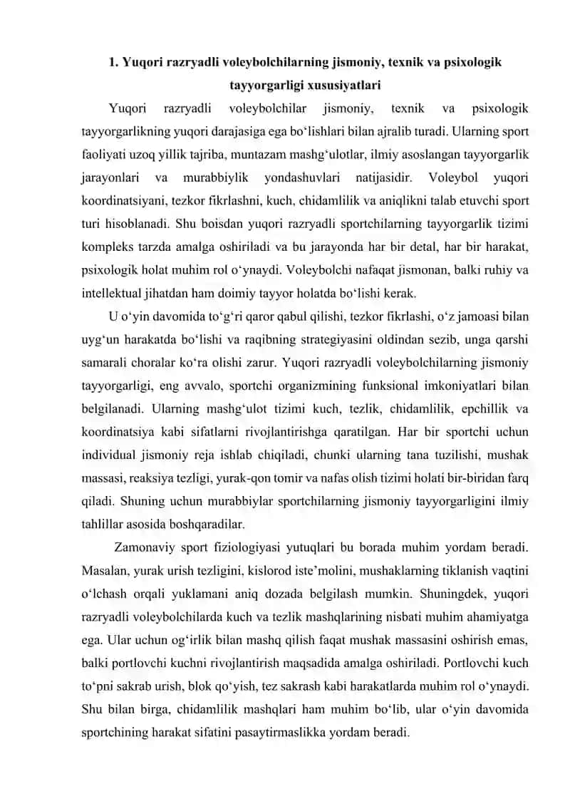 Yuqori razryadli voleybolchilar bilan mashg‘ulot o‘tkazish uslubiyati 2