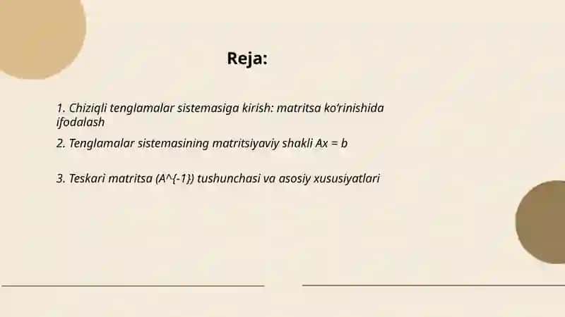 Chiziqli tenglamar sistemasini teskari matritsa yordamida yechish 2