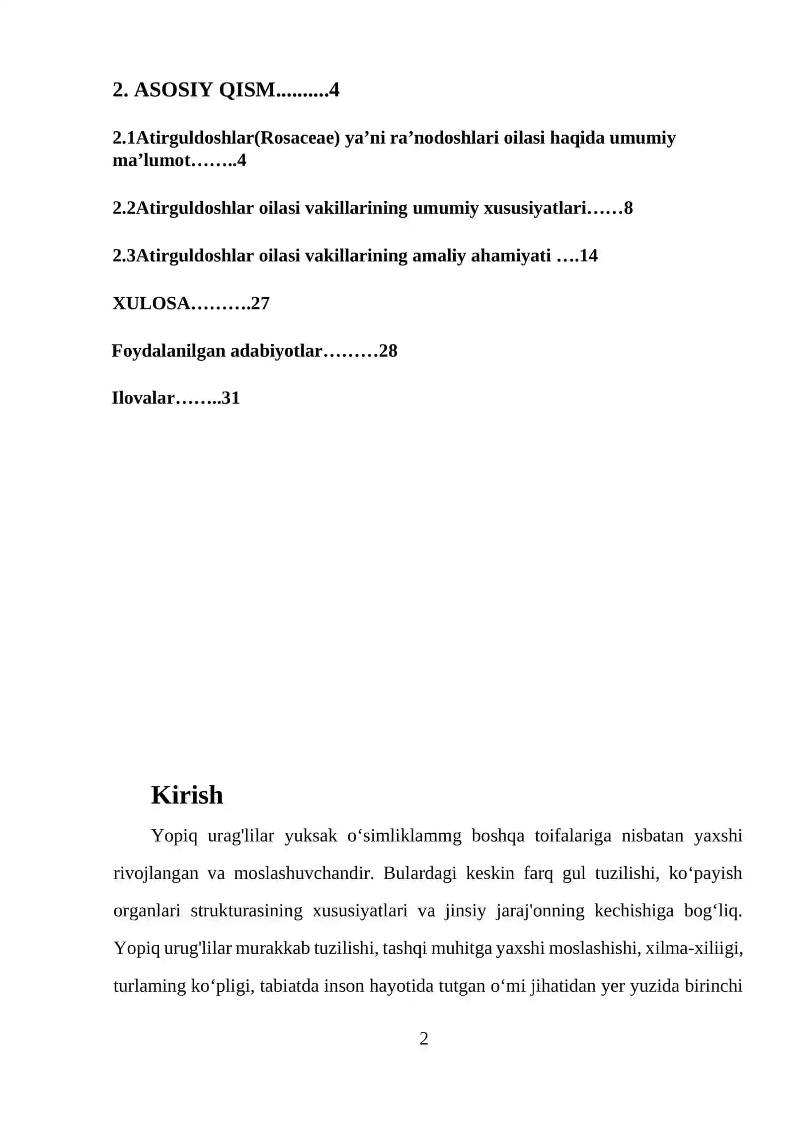 "Atirguldoshlar oilasining asosiy vakillari va ularning amaliy ahamiyati" kurs ishi 2
