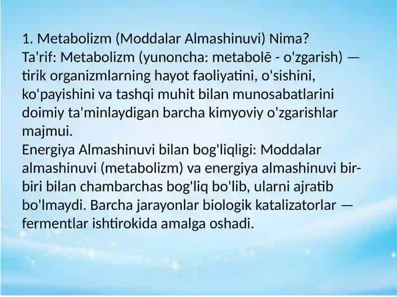 METABOLIZM JARAYONIDA ENERGIYA HOSIL BO‘LISHI VA SARFLANISHI 2