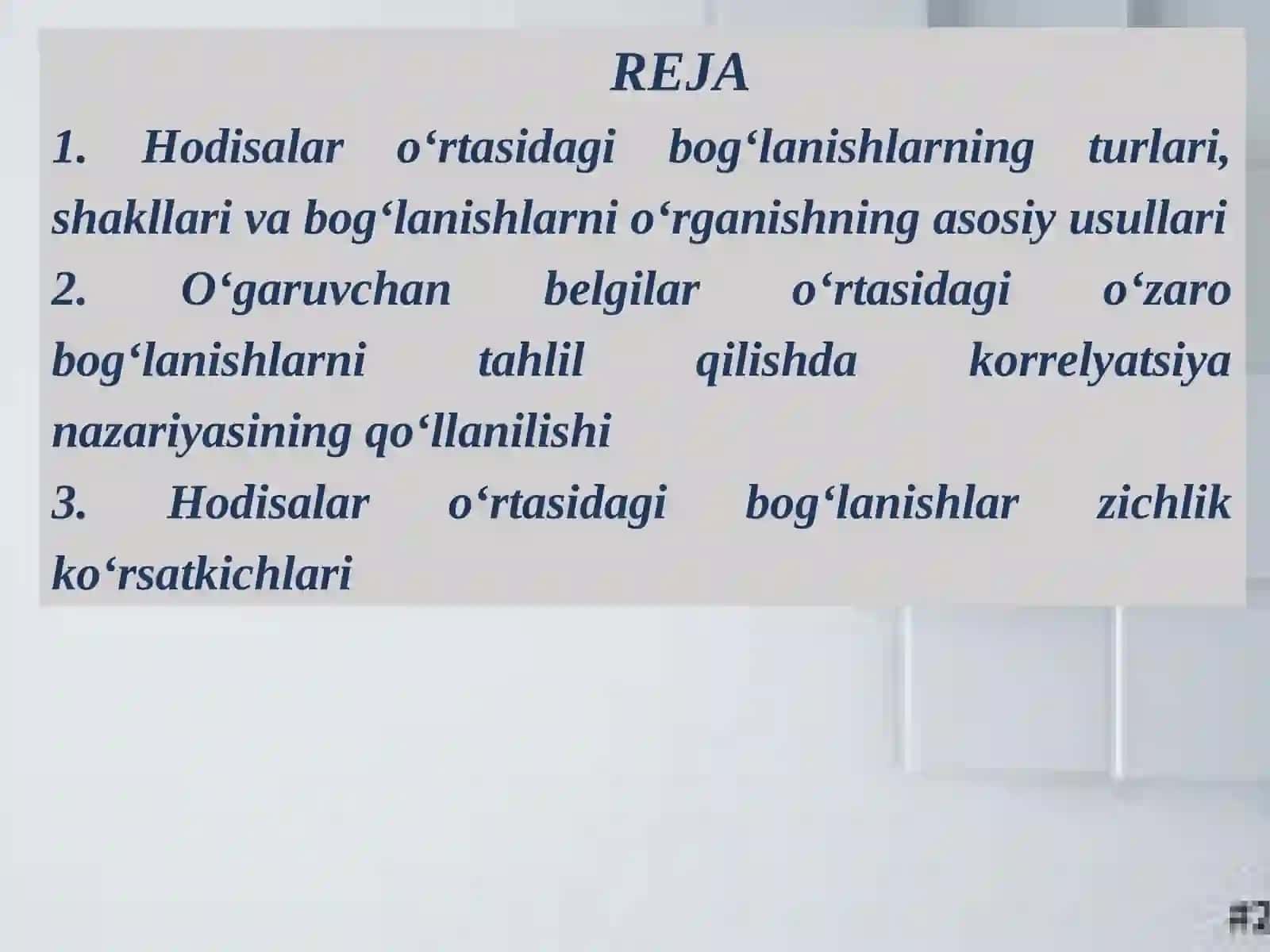 Hodisala ro’rtasidagi bog’lanishlarni statistik o’rganish 2