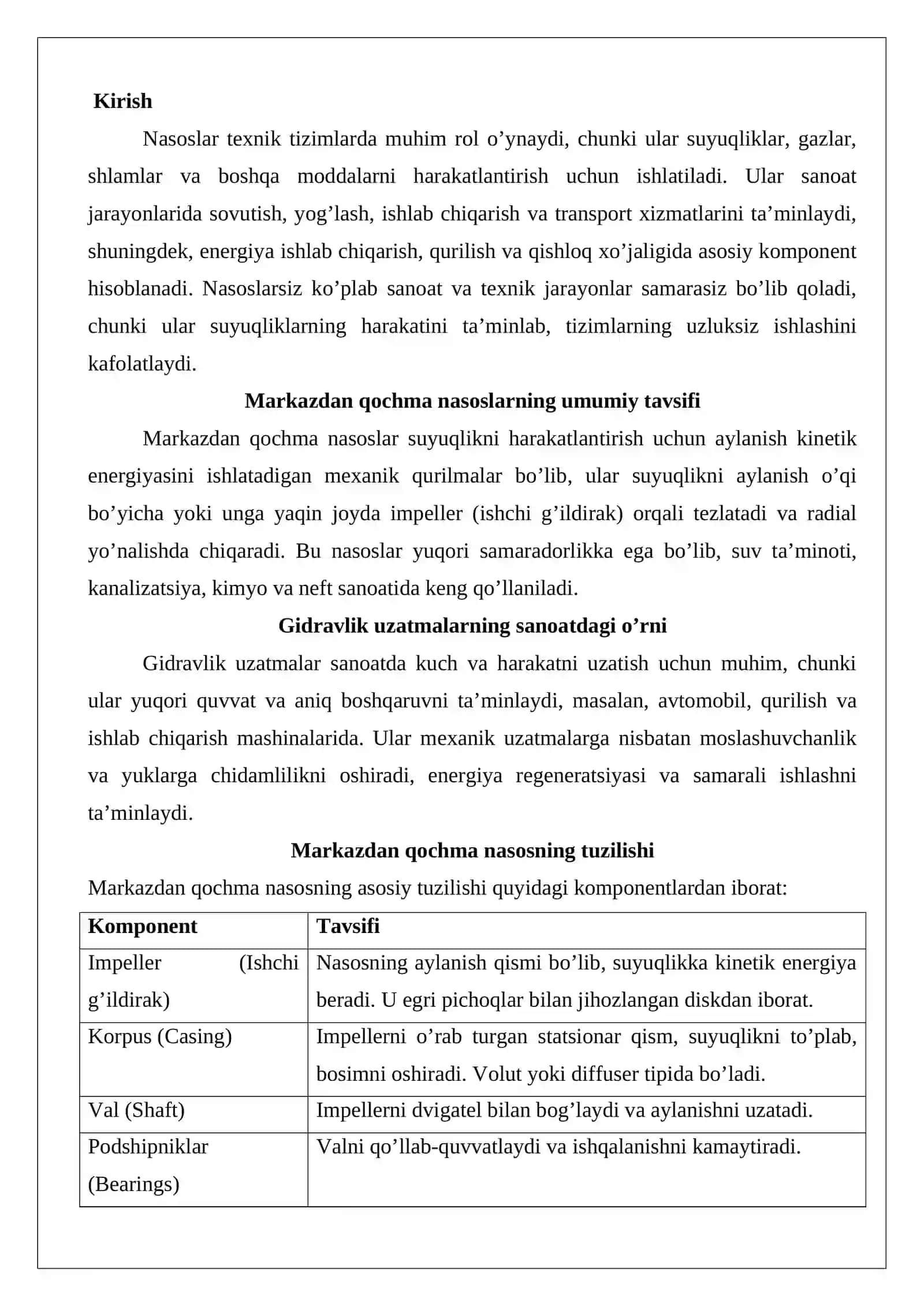 Markazdan qochma nasosning tuzilishi. Gidravlik uzatmalar, qo’llanish sohalari 2