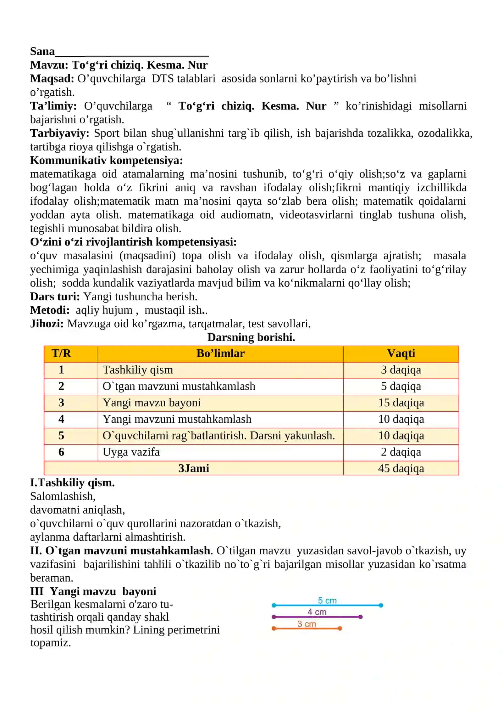 3-sinf Matematika fanidan To'g'ri chiziq, Kesma va Nur dars ishlanma 2
