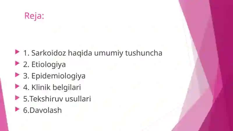 Pulmonologiya mavzu: O`pka sarkaidozi 2
