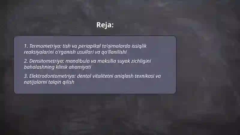 Ortopedik stomatologiya klinikasida bemorlar uchun qo'shimcha tadqiqot usullari 2