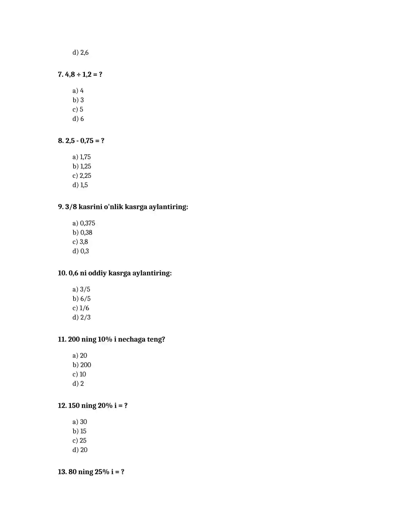 6-SINF MATEMATIKA FANI BO'YICHA TEST SAVOLLARI 2