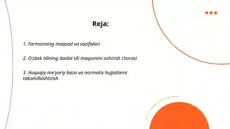 O‘zbek tilining davlat tili sifatidagi nufuzi va mavqeyini tubdan oshirish chora-tadbirlari 2