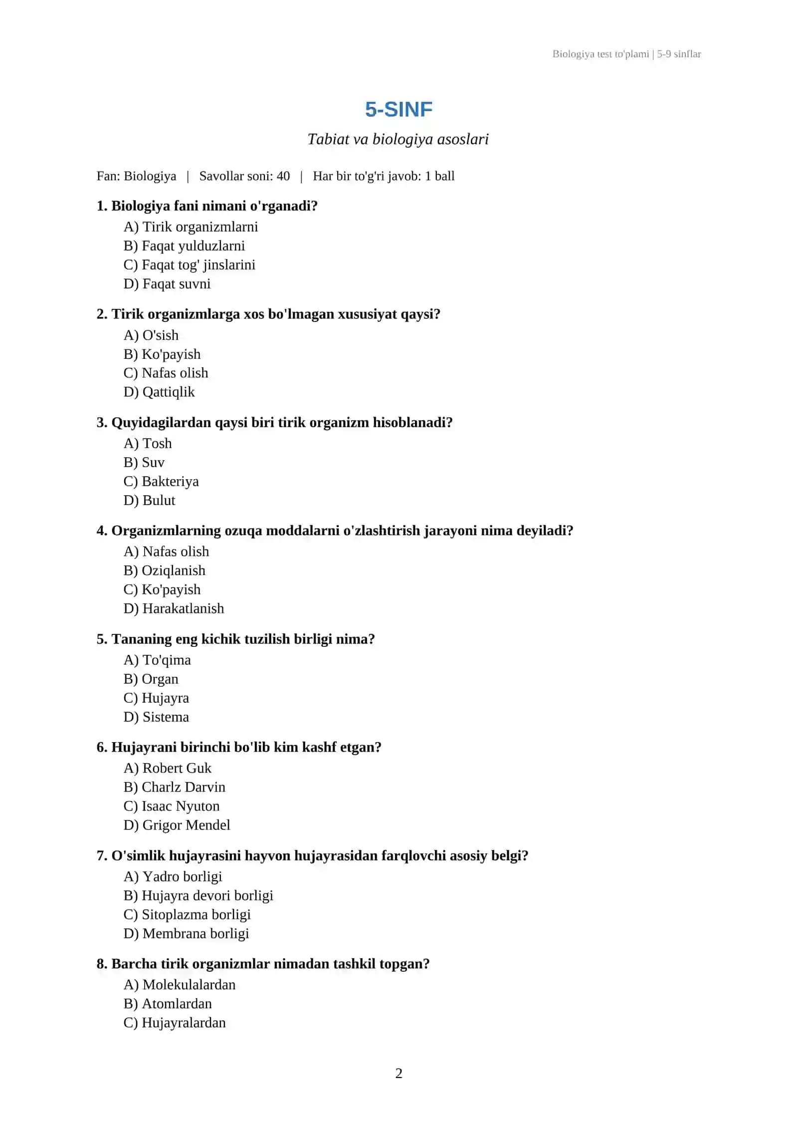 Biologiya fanidan testlar javobi bilan 5-9 sinflar 2