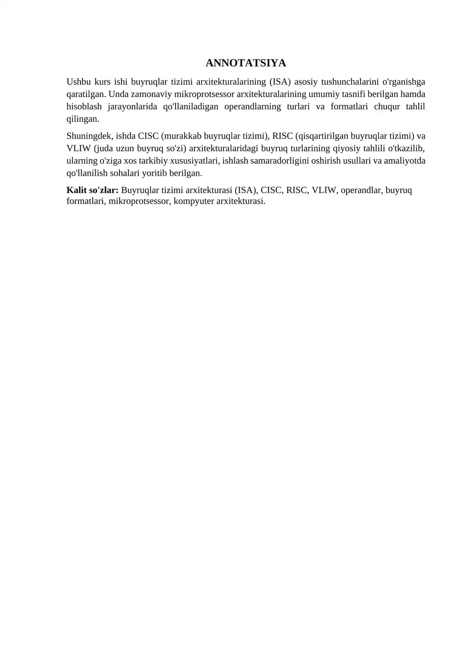 BUYRUQLAR TIZIMI ARXITEKTURALARI: TASNIF, OPERAND TURLARI VA FORMATLARI 2
