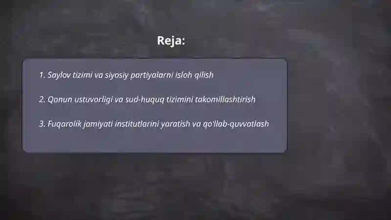 Oʻzbekiston Demokratik fuqarolik jamiyat asoslarining shakllanishi amalga oshirilayotgan siyosiy islohotlar 2