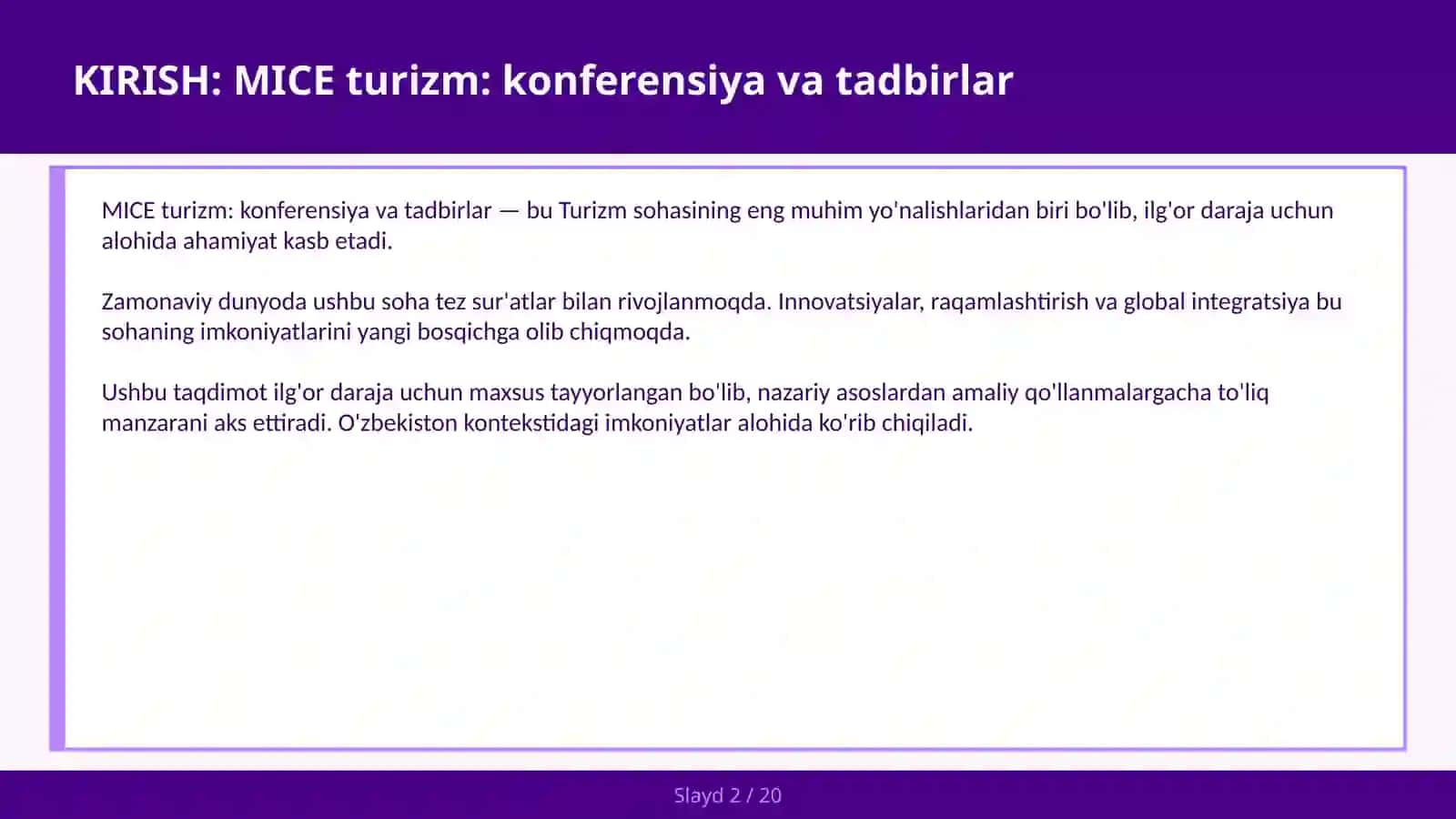 MICE TURIZM: KONFERENSIYA VA TADBIRLAR 2