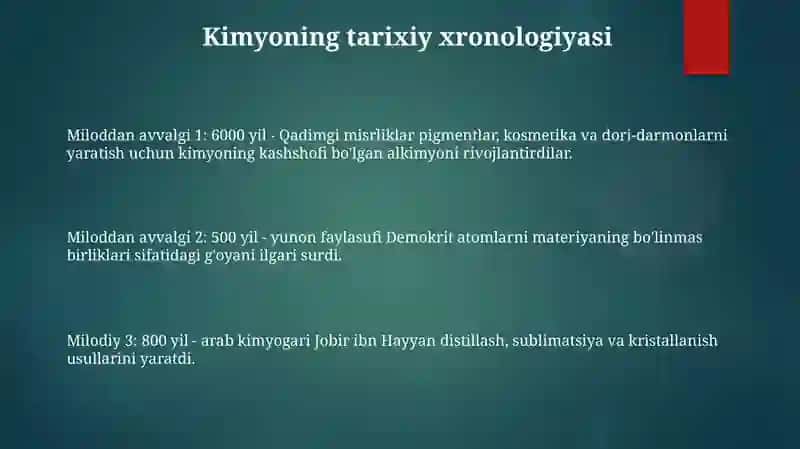 Kimyo Fanini Rivojlanish Tarixiga Oid Ma'Lumotlarni O‘Rganish Hamda Tahliliy Ma'Lumotlarni Yozish 2