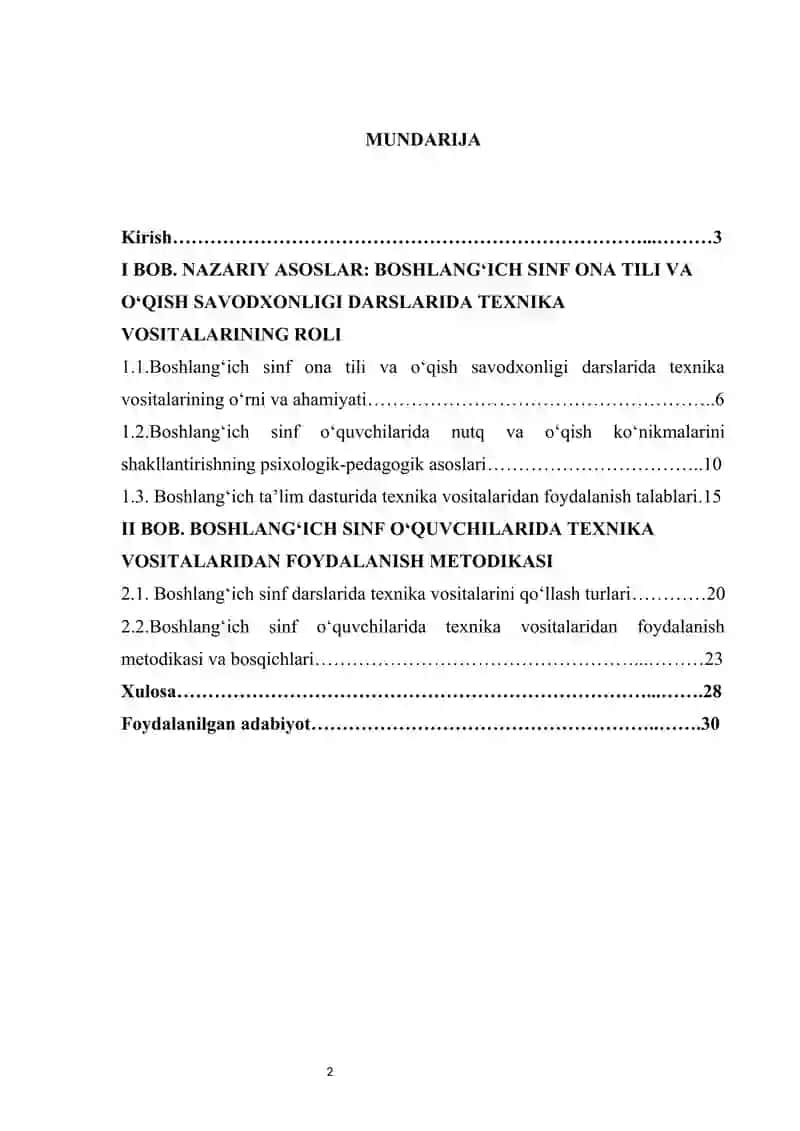 Boshlang‘ich sinf ona tili va o‘qish savodxonligi darslarida texnika vositalaridan foydalanish kurs ishi 2