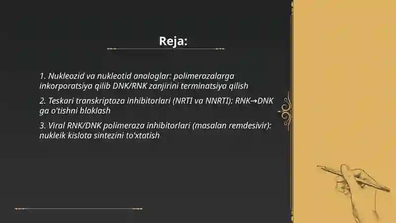 Viruslarga va o'smalarga qarshi dori vositalarning ta'sir mexanizmi(DNK va RNK ga nisbatan 2