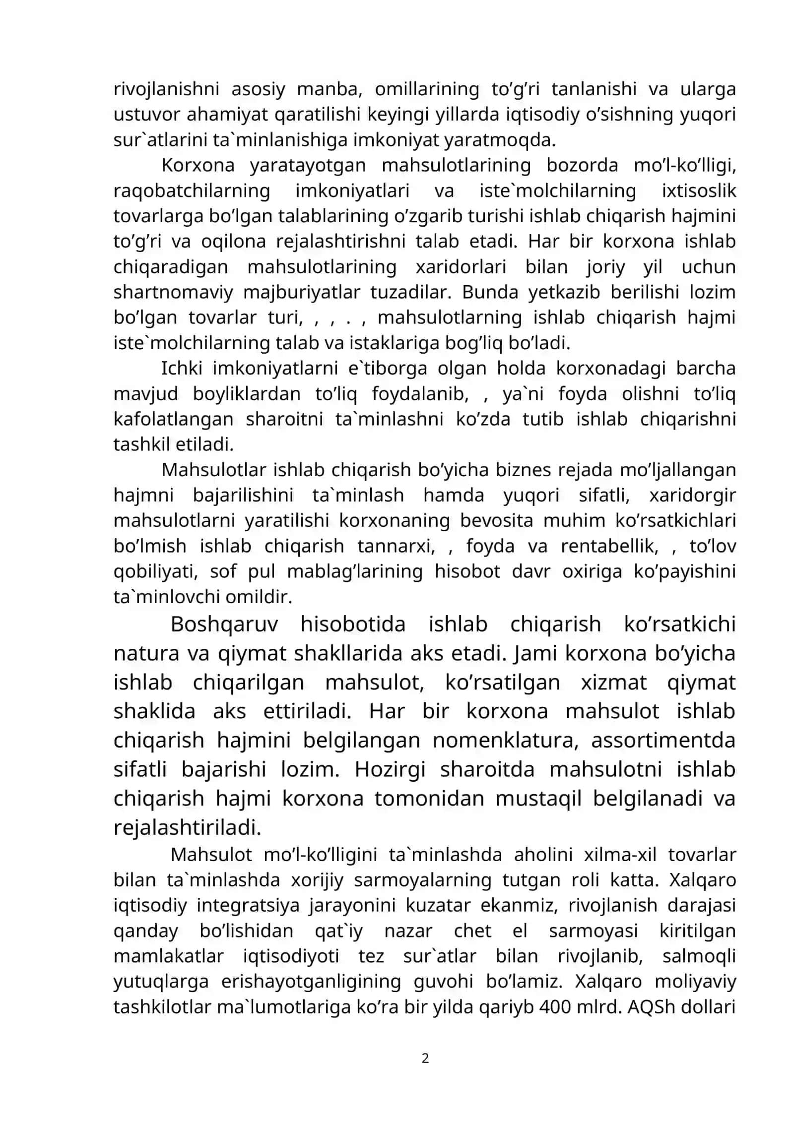 Xo’jalik sub`ektlarining mahsulоt (ish, xizmatlar) ishlab chiqarish hajmini tahlili 2