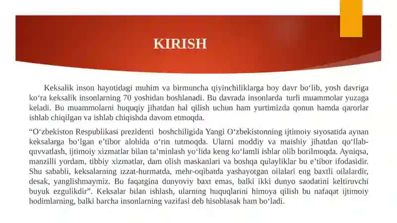O‘zbekiston Respublikasida keksalarni himoya qilishga oid huquqiy-normativ hujjatlar 2