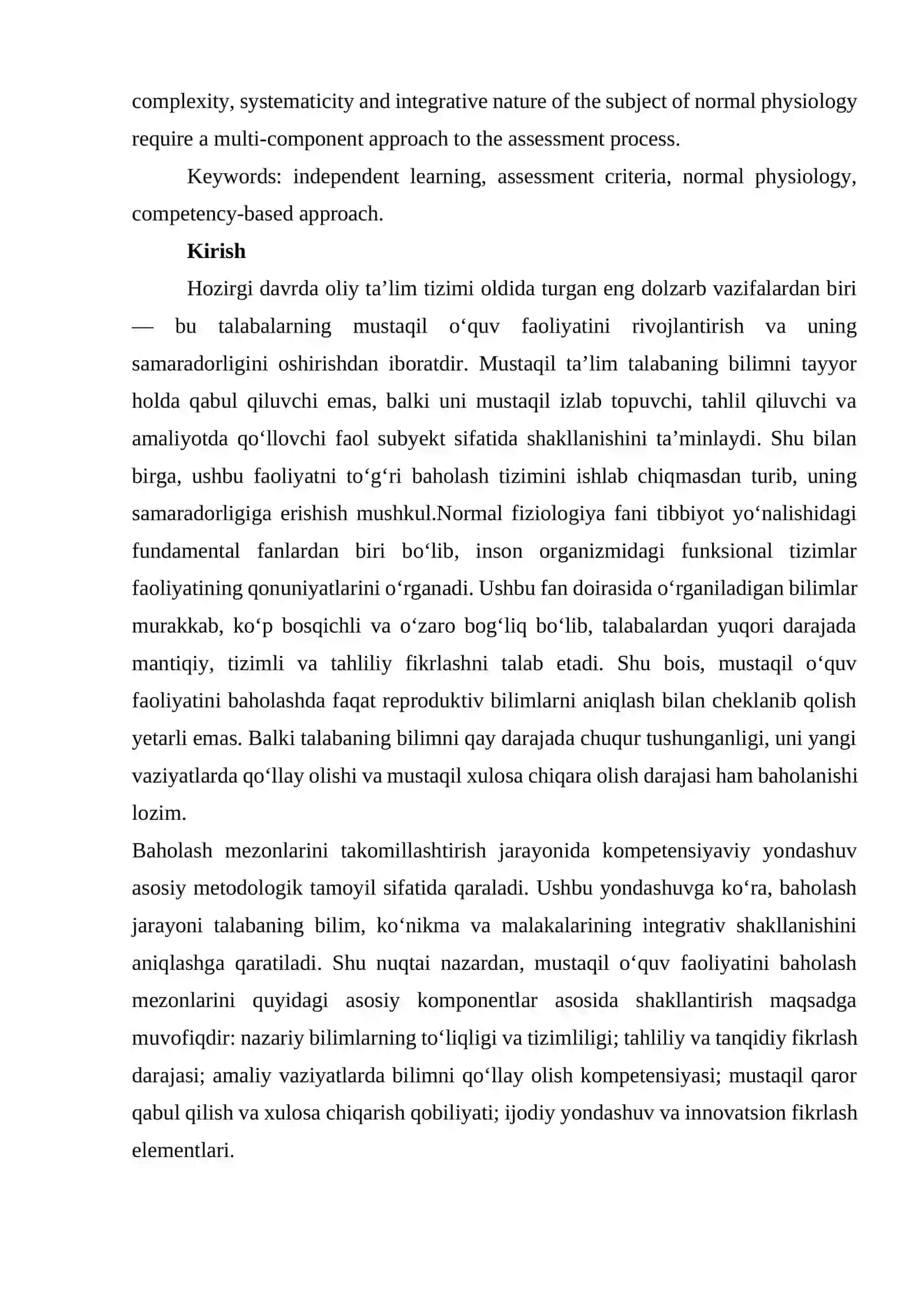 TALABALARNING MUSTAQIL O‘QUV FAOLIYATINI BAHOLASH MEZONLARINI TAKOMILLASHTIRISH (NORMAL FIZIOLOGIYA MISOLIDA) 2