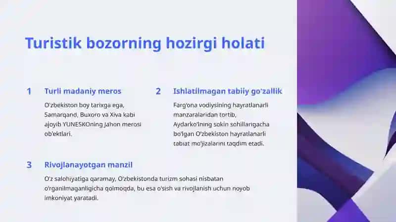 Turistik bozor tuzilmasini takomillashtirish yo'nalishlari 2