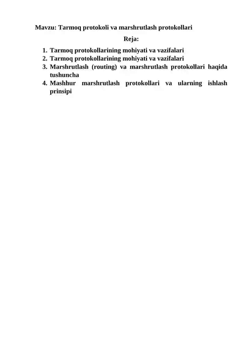 Tarmoq protokoli va marshrutlash protokollari 2