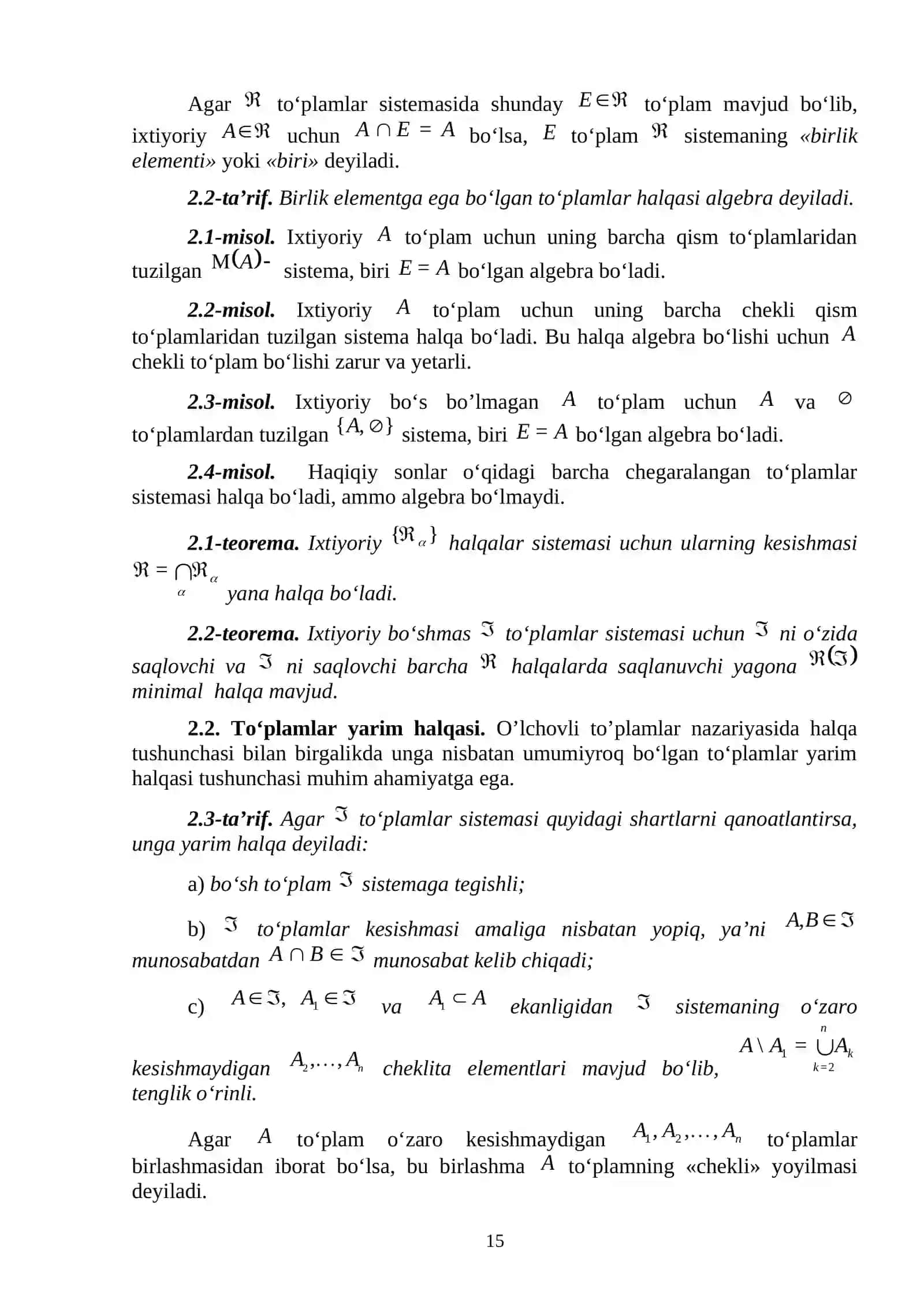 To‘plamlar sistemasi. To‘plamlar halqasi va algebrasi. Yarim halqa. Minimal halqa 2