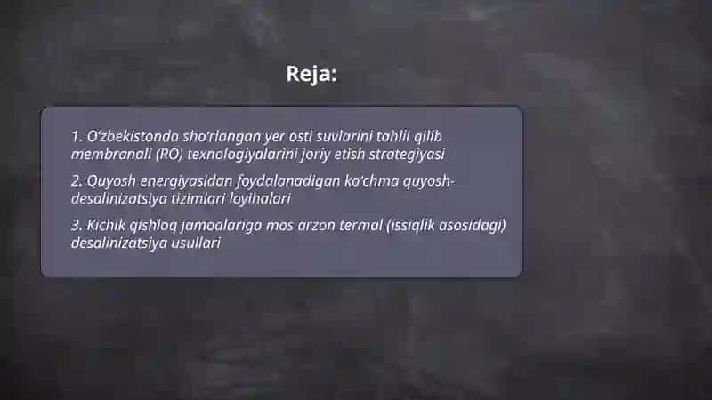 Oʻzbekistonda shoʻrlangan yer osti suvlarini tahlil qilib membranali (RO) texnologiyalarini joriy etish strategiyasi 2
