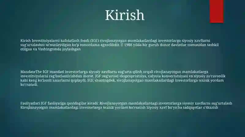 Investitsiyalarni Kafolatlash BoʻYicha KoʻP Tarmoqli Agentlik 2