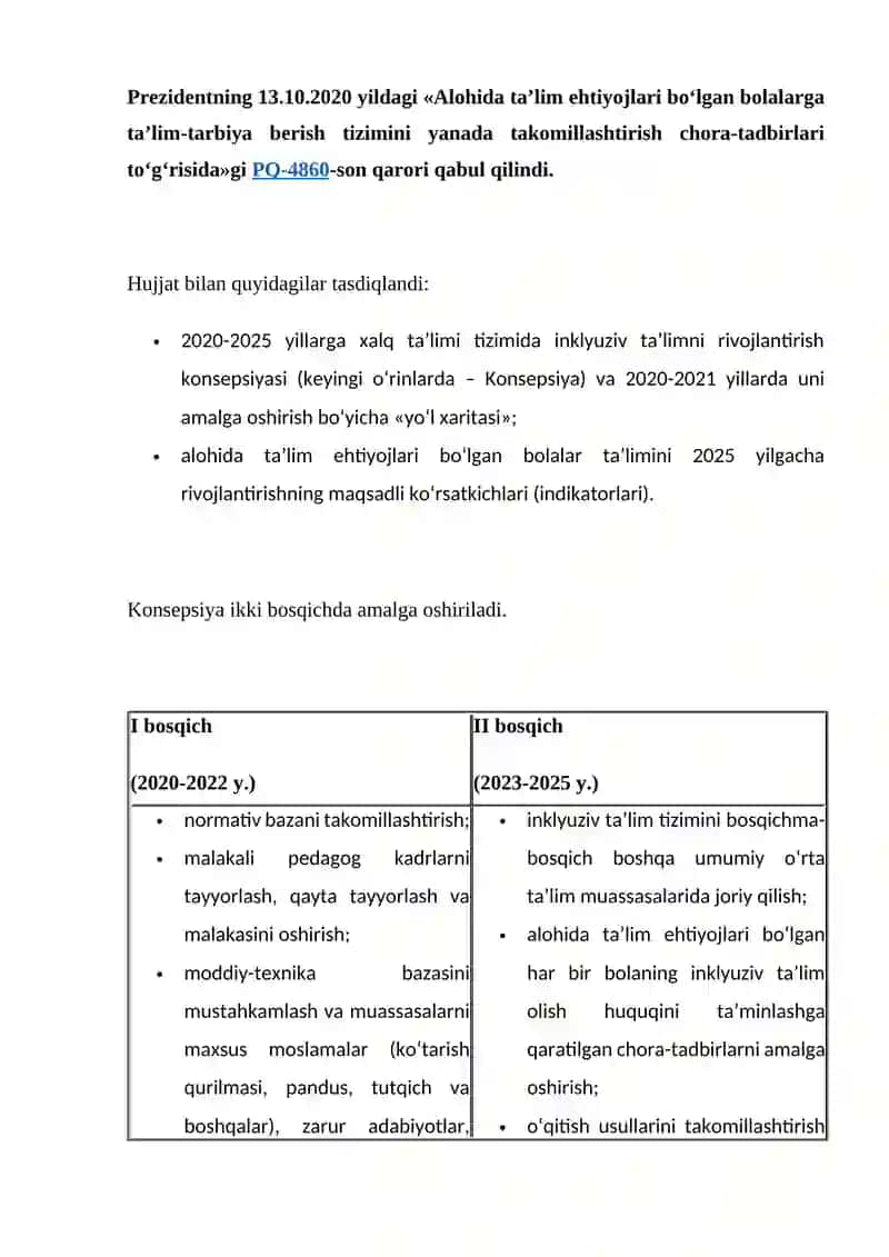 ALOHIDA T'LIM EHTIYOJLARI BO'LGAN BOLALAR O'QITILADIGAN TA'LIM MUASSASALARNI ZARUR ADABIYOTLAR, METODIK QOʻLLANMALAR, TURLI KASBLARGA O'QITISH UCHUN USKUNA VA JIHOZLAR BILAN TA'MINLASHGA QARATILGAN CHORA-TADBIRLARNI AMALGA OSHIRISH 2