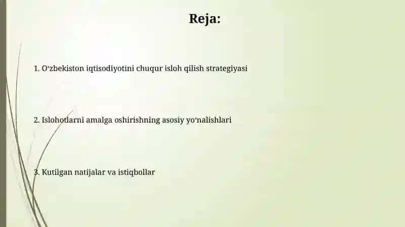 O'zbekiston iqtisodiyotida islohotlarni chuqurlashtirish bo'yicha rivojlanish strategiyasi 2