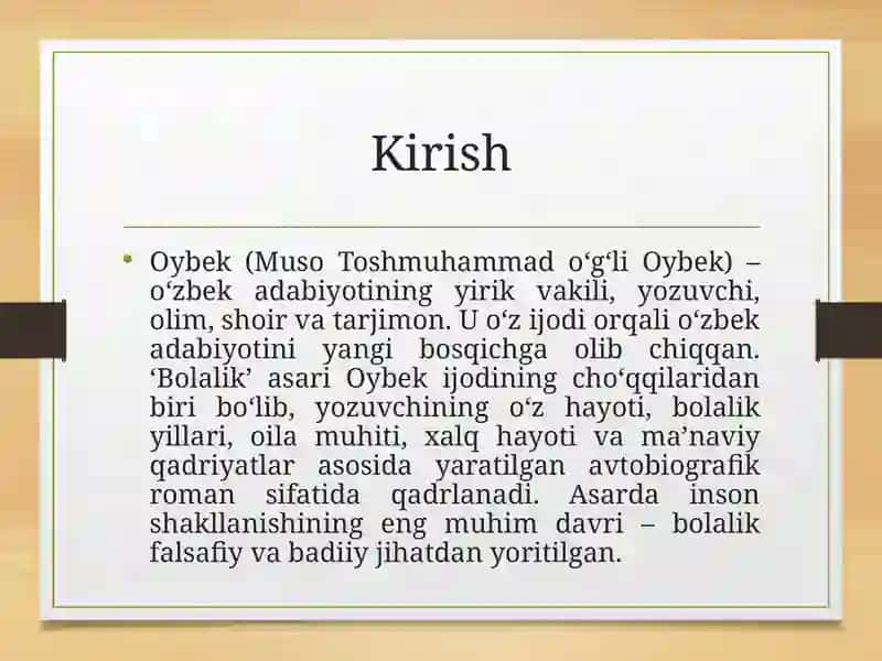 Oybekning “Bolalik” asari tahlili 2
